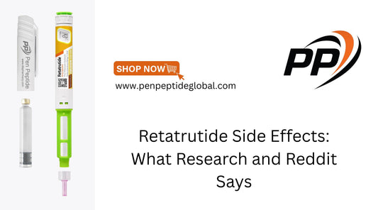 Retatrutide pen by Pen Peptide with article title on side effects, research findings, and Reddit reports.